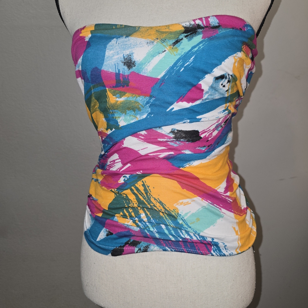Wet Seal Strapless Tube Top in Turquoise, Magenta & Yellow Abstract Print